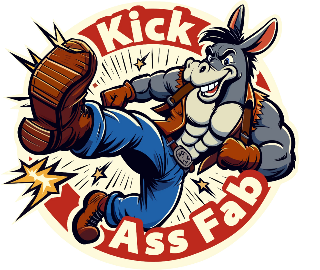 Muscular donkey kicking, "Kick Ass Fab" logo
