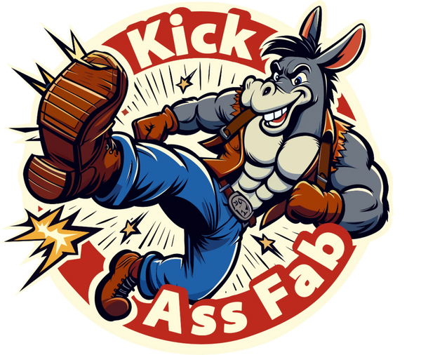 Muscular donkey kicking, "Kick Ass Fab" logo