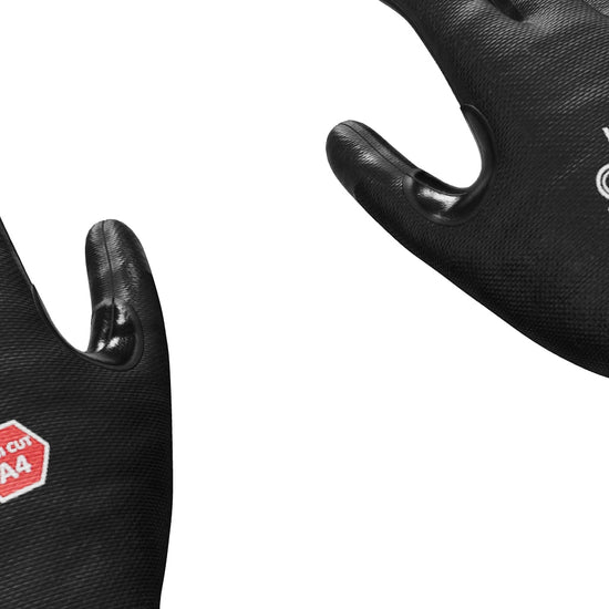 Close-up of black work gloves with cut-resistant A4 rating.