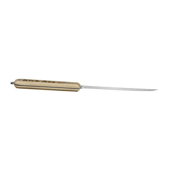Kick Ass brand folding knife with wooden handle and long blade.