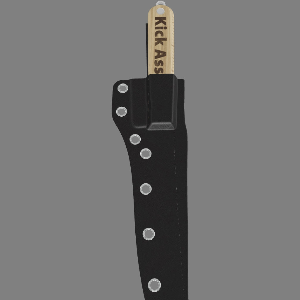 Black leather knife sheath with a wooden-handled knife, "Kick Ass" engraved on the handle.